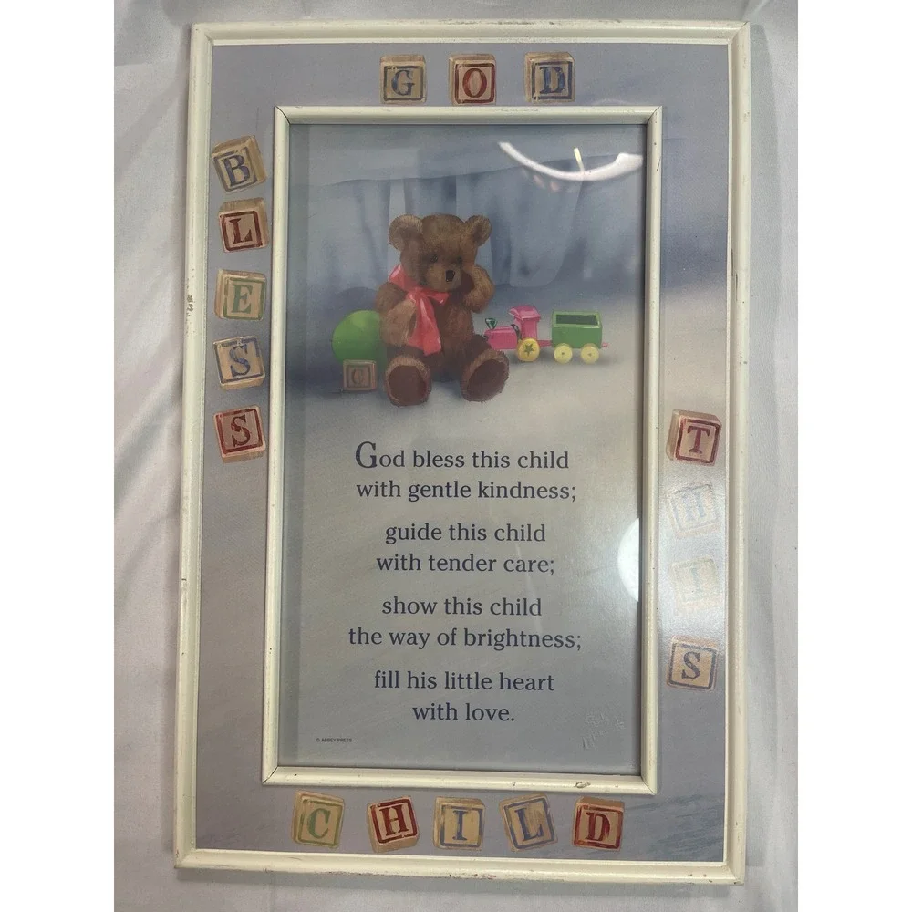 Vintage 1992 Abbey Press God Bless This Child Framed Nursery Wall Art Teddy Bear